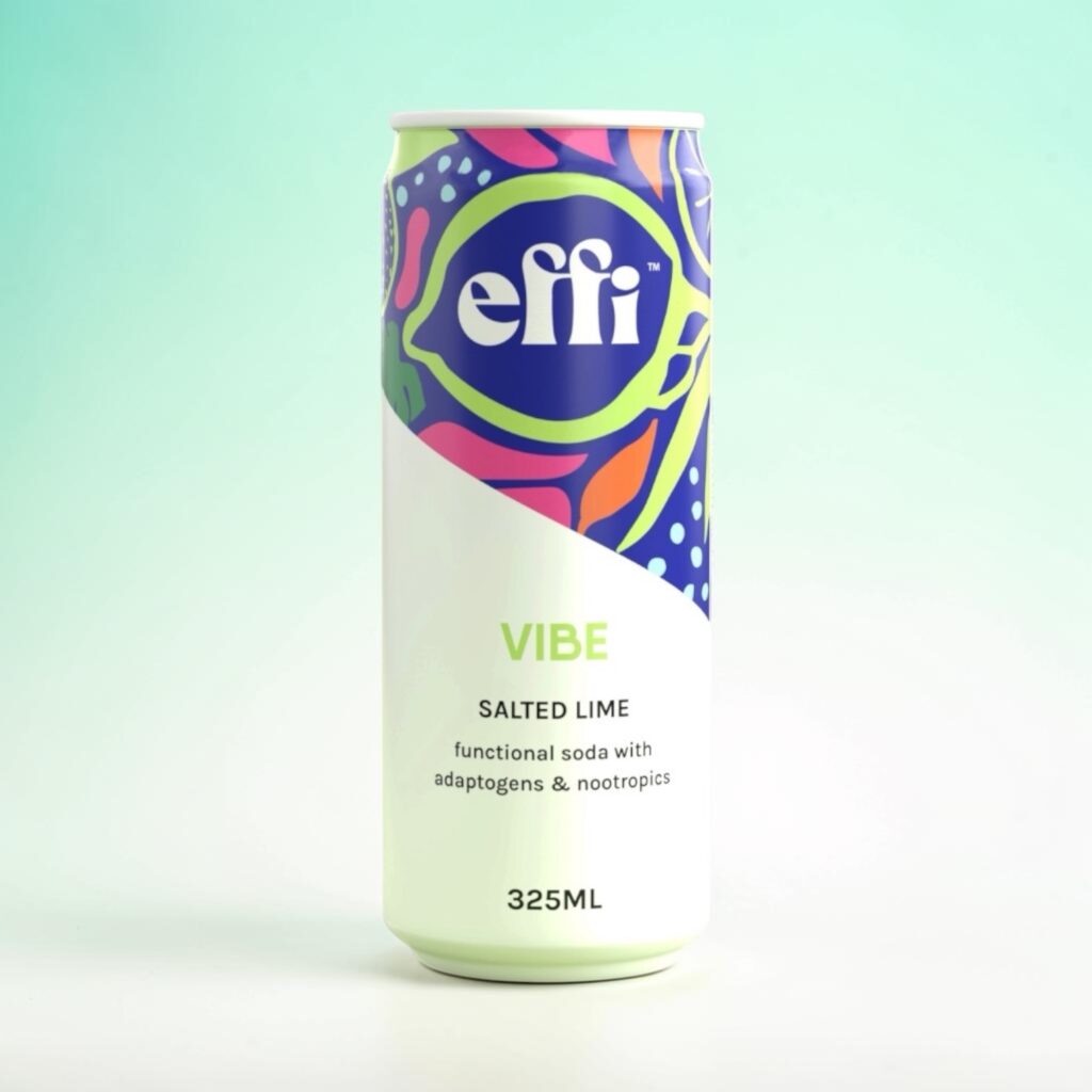 A can of effi VIBE functional soda against a soft gradient bokeh background
